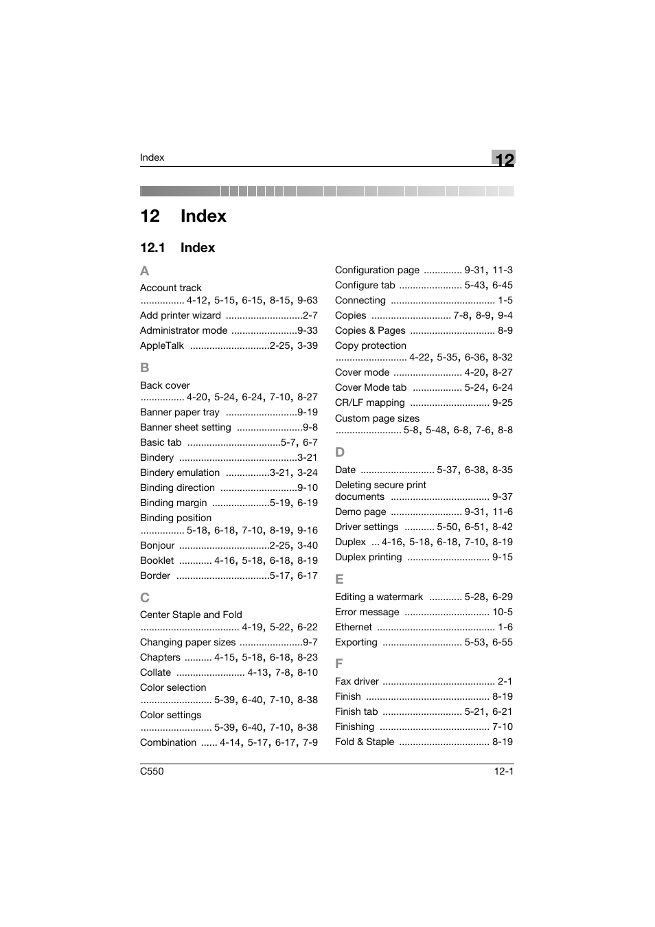 12 index, 1 index, A to f | Konica Minolta bizhub C550 User Manual | Page 396 / 400