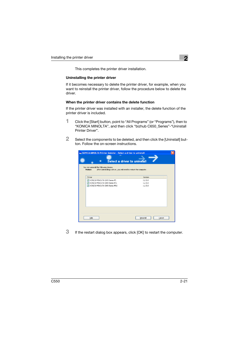 Uninstalling the printer driver | Konica Minolta bizhub C550 User Manual | Page 64 / 400