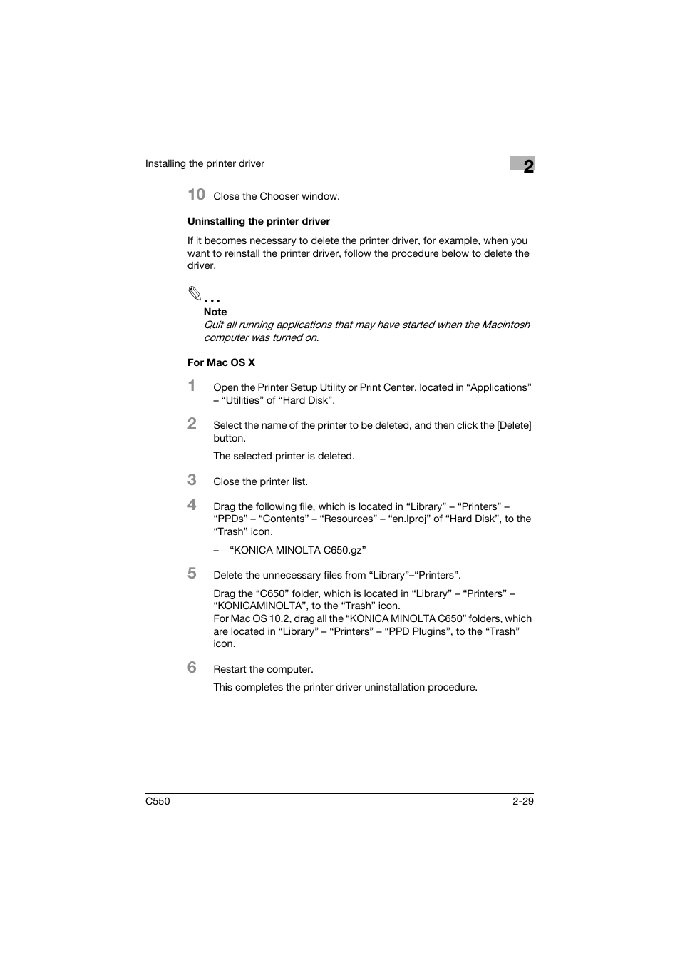 Uninstalling the printer driver, For mac os x | Konica Minolta bizhub C550 User Manual | Page 72 / 400