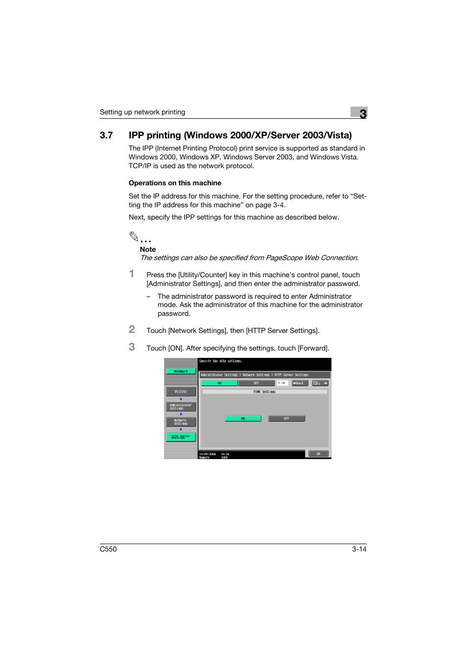 7 ipp printing (windows 2000/xp/server 2003/vista), Operations on this machine, Operations on this machine -14 | Konica Minolta bizhub C550 User Manual | Page 87 / 400