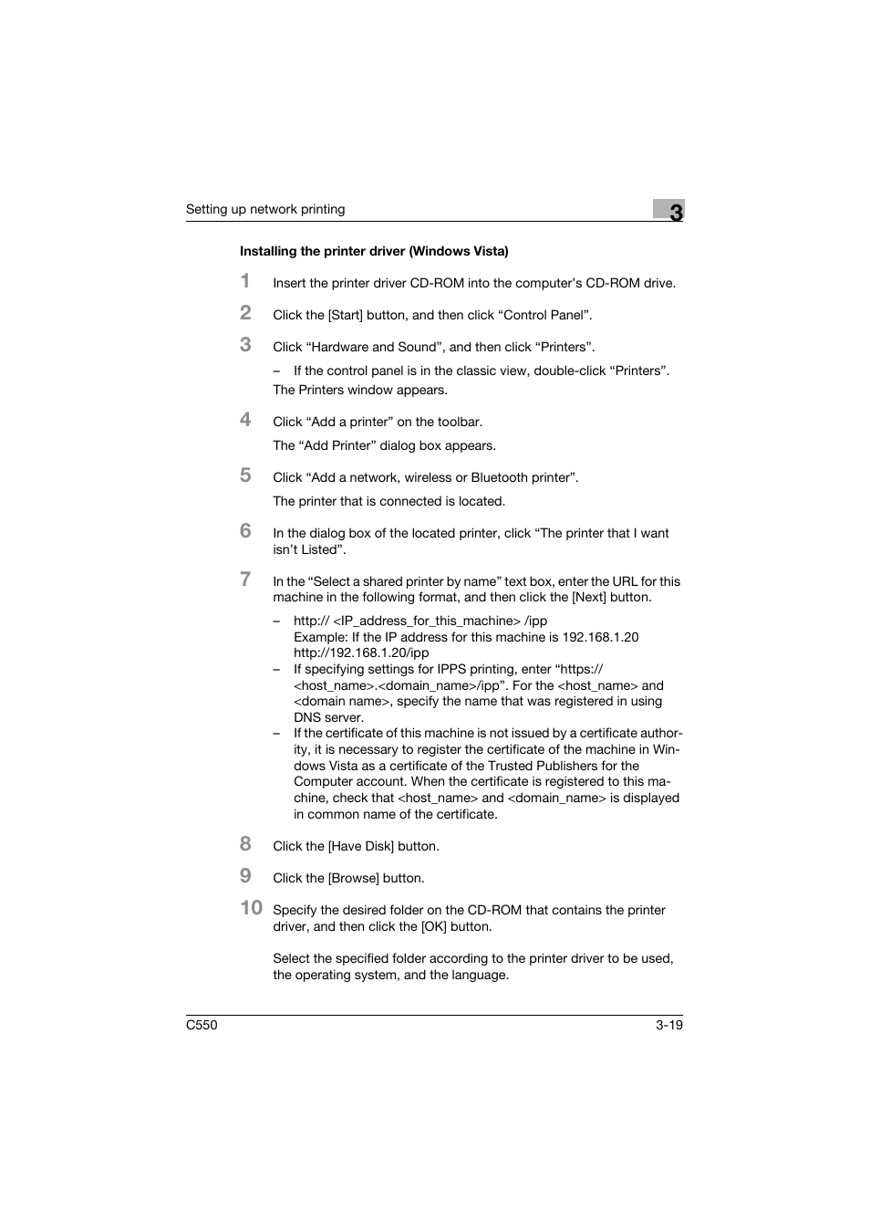 Installing the printer driver (windows vista), Installing the printer driver (windows vista) -19 | Konica Minolta bizhub C550 User Manual | Page 92 / 400