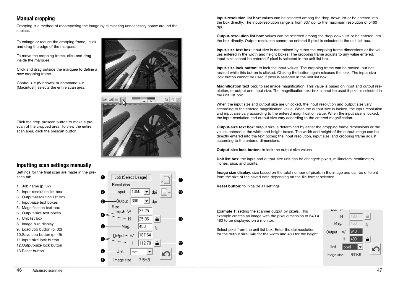 Manual cropping, Inputting scan settings manually | Konica Minolta 5400 II User Manual | Page 24 / 38