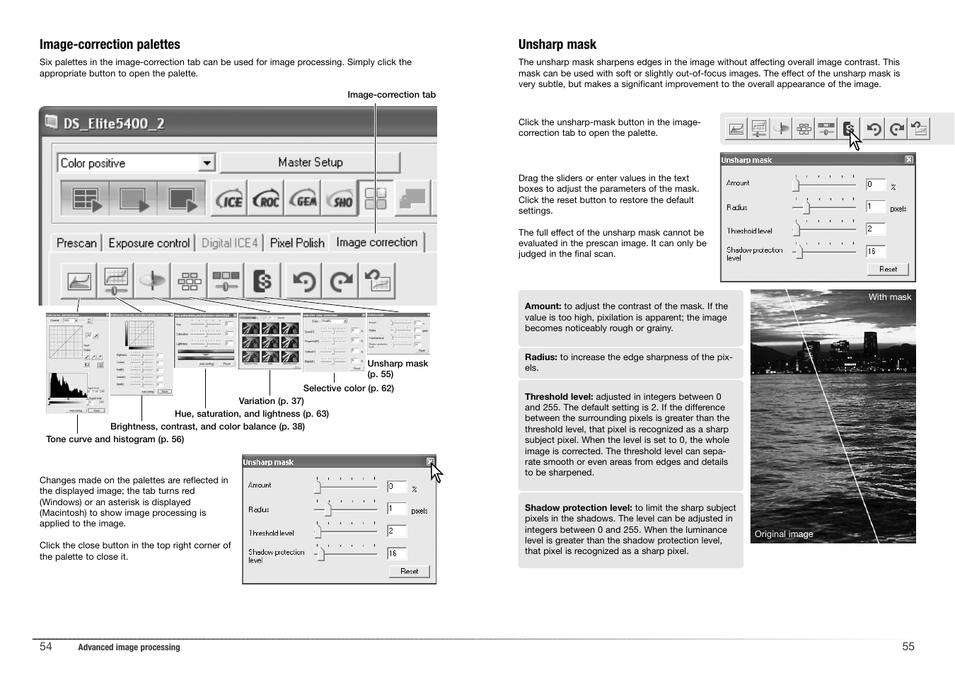 Unsharp mask, Image-correction palettes | Konica Minolta 5400 II User Manual | Page 28 / 38