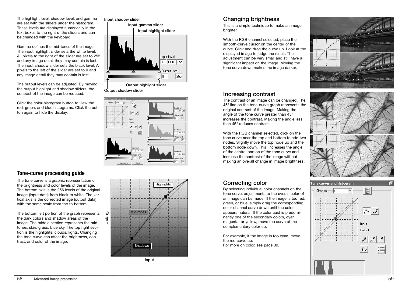 Tone-curve processing guide, Changing brightness, Increasing contrast correcting color | Konica Minolta 5400 II User Manual | Page 30 / 38