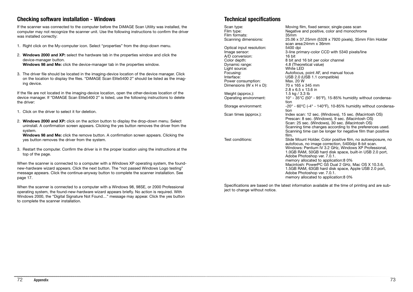 Technical specifications, Checking software installation - windows | Konica Minolta 5400 II User Manual | Page 37 / 38