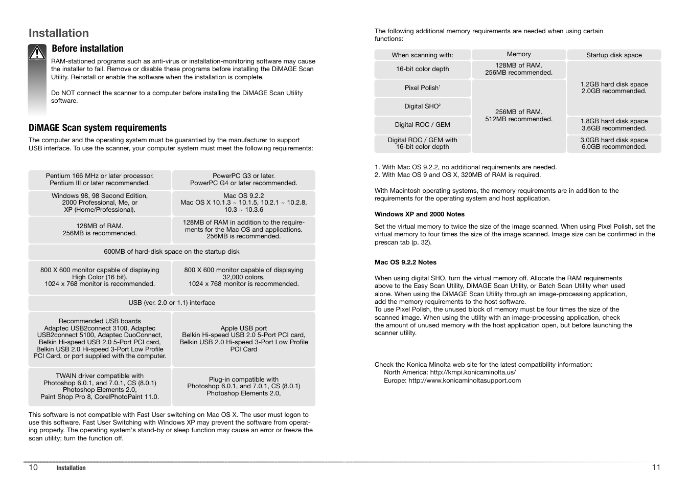 Installation, Dimage scan system requirements, Before installation | Konica Minolta 5400 II User Manual | Page 6 / 38