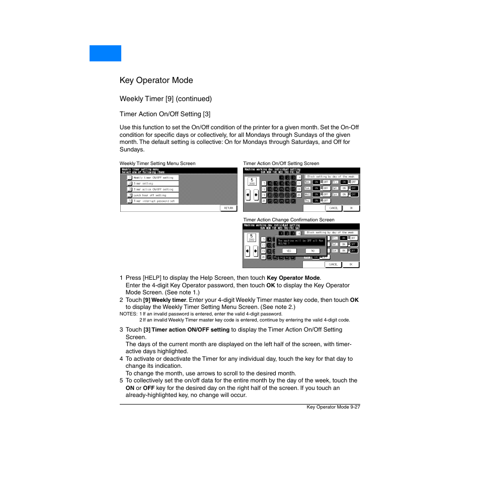 Timer action on/off setting [3, Timer action on/off setting [3] -27, Key operator mode | Home | Konica Minolta Network Printer User Manual | Page 143 / 164