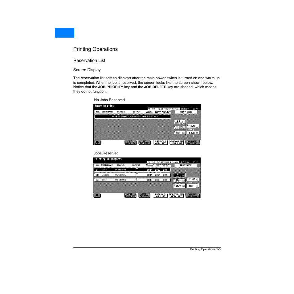Reservation list, Screen display, Reservation list -5 | Screen display -5, Printing operations, Home | Konica Minolta Network Printer User Manual | Page 63 / 164
