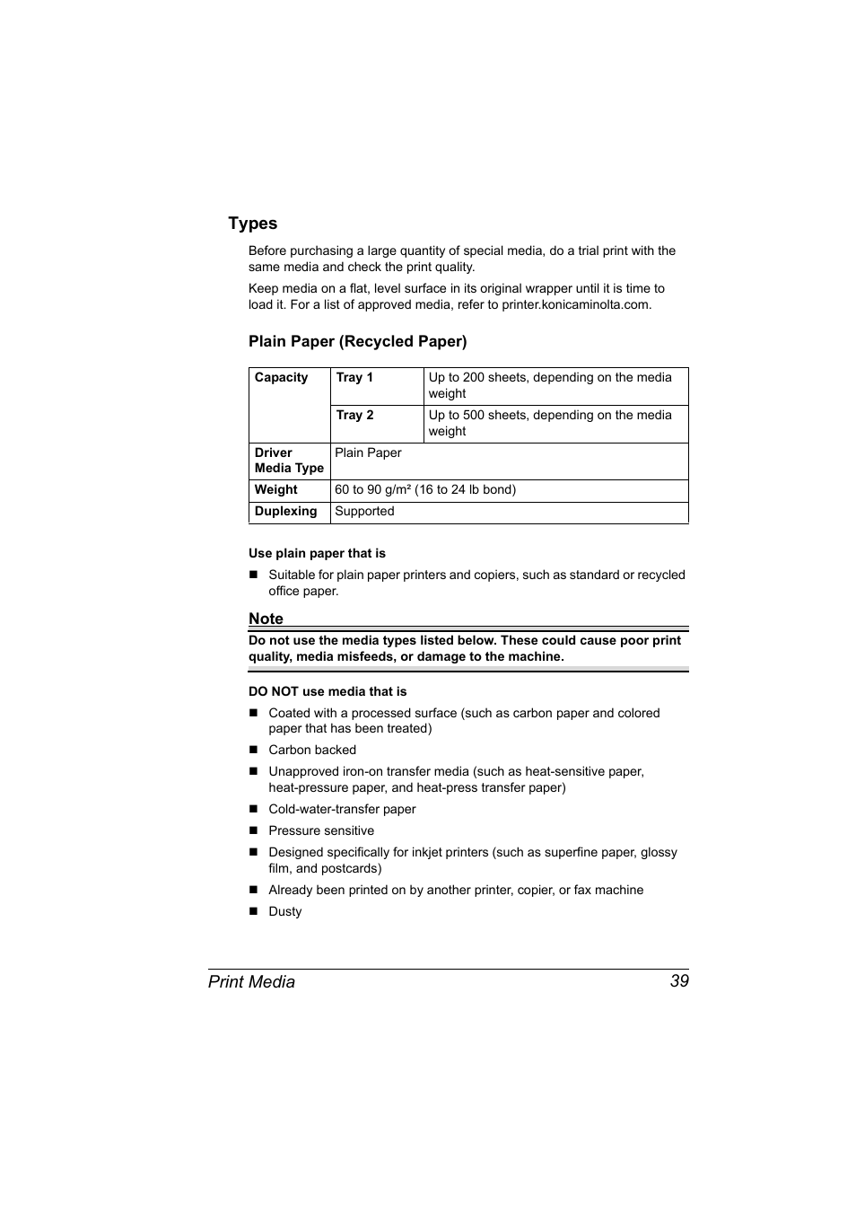 Types, Plain paper (recycled paper), Types 39 | Plain paper (recycled paper) 39, Print media 39 types | Konica Minolta 2490MF User Manual | Page 51 / 226