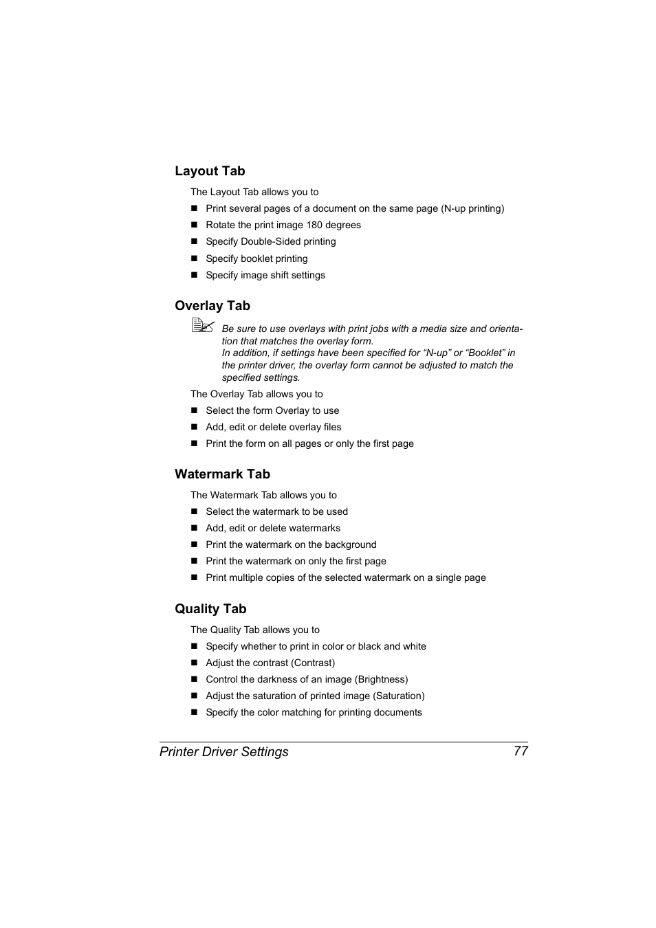 Layout tab, Overlay tab, Watermark tab | Quality tab, Printer driver settings 77 layout tab | Konica Minolta 2490MF User Manual | Page 89 / 226