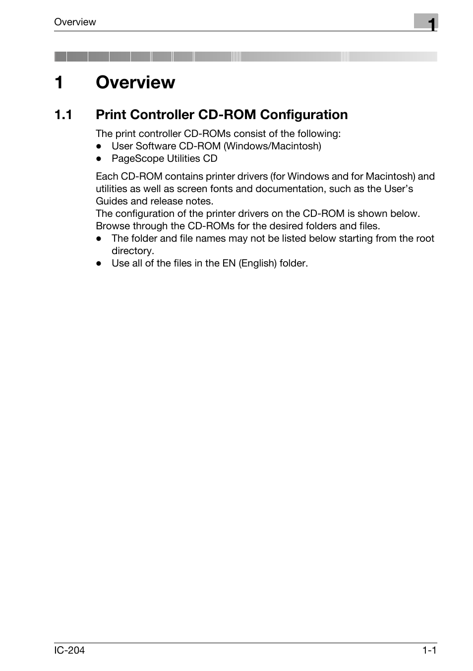 1 overview, 1 print controller cd-rom configuration, Overview | Print controller cd-rom configuration -1, 1overview | Konica Minolta IC-204 User Manual | Page 14 / 130