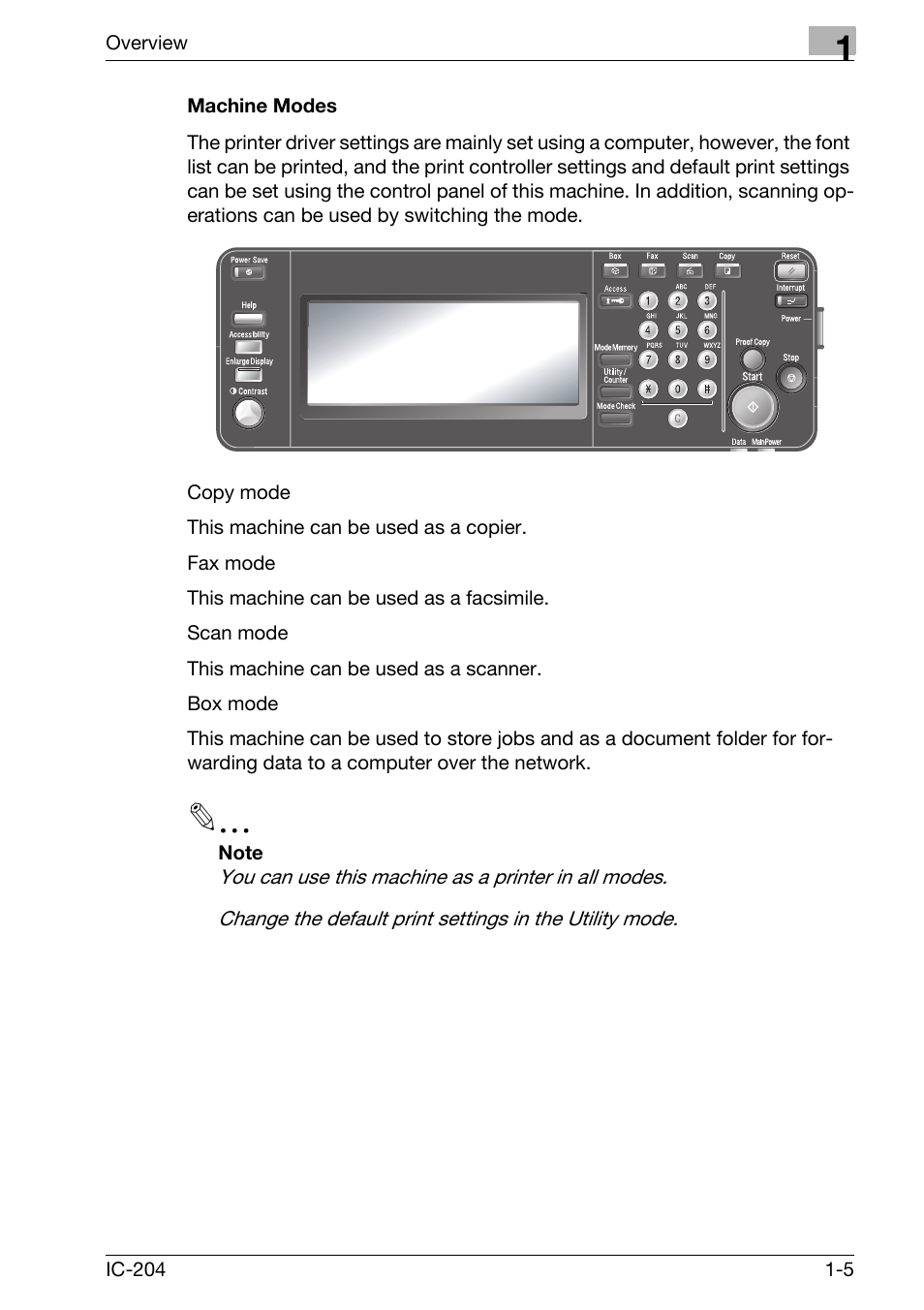 Machine modes -5 | Konica Minolta IC-204 User Manual | Page 18 / 130