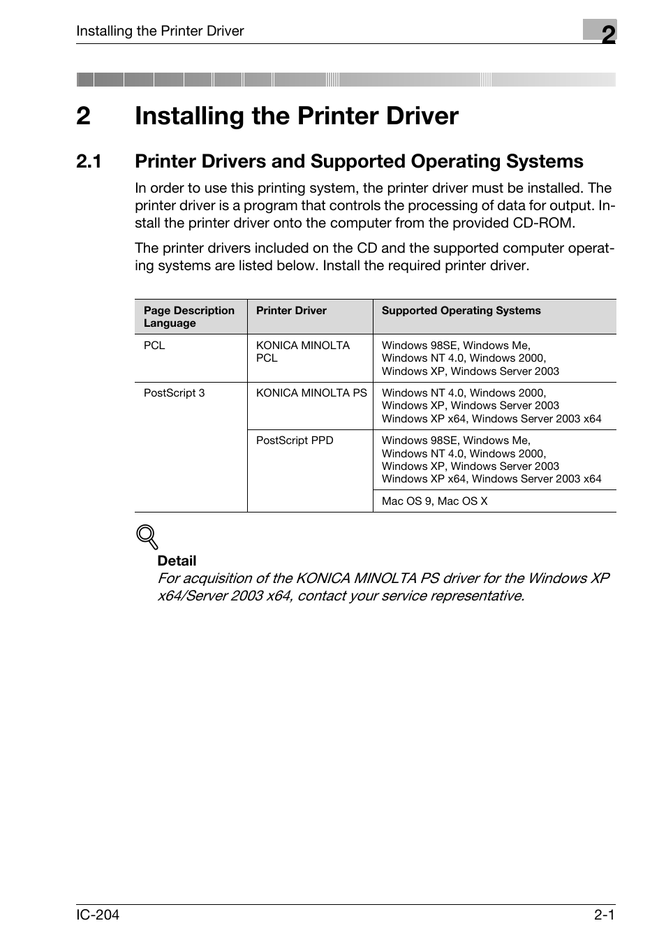 2 installing the printer driver, 1 printer drivers and supported operating systems, Installing the printer driver | Printer drivers and supported operating systems -1, 2installing the printer driver | Konica Minolta IC-204 User Manual | Page 26 / 130