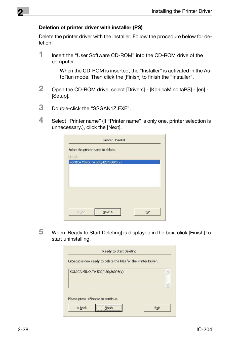 Deletion of printer driver with installer (ps) -28 | Konica Minolta IC-204 User Manual | Page 53 / 130