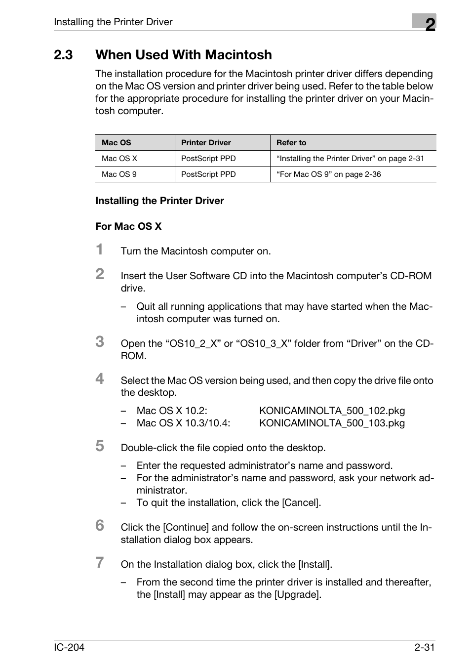 3 when used with macintosh, When used with macintosh -31, Installing the printer driver -31 for mac os x -31 | Konica Minolta IC-204 User Manual | Page 56 / 130