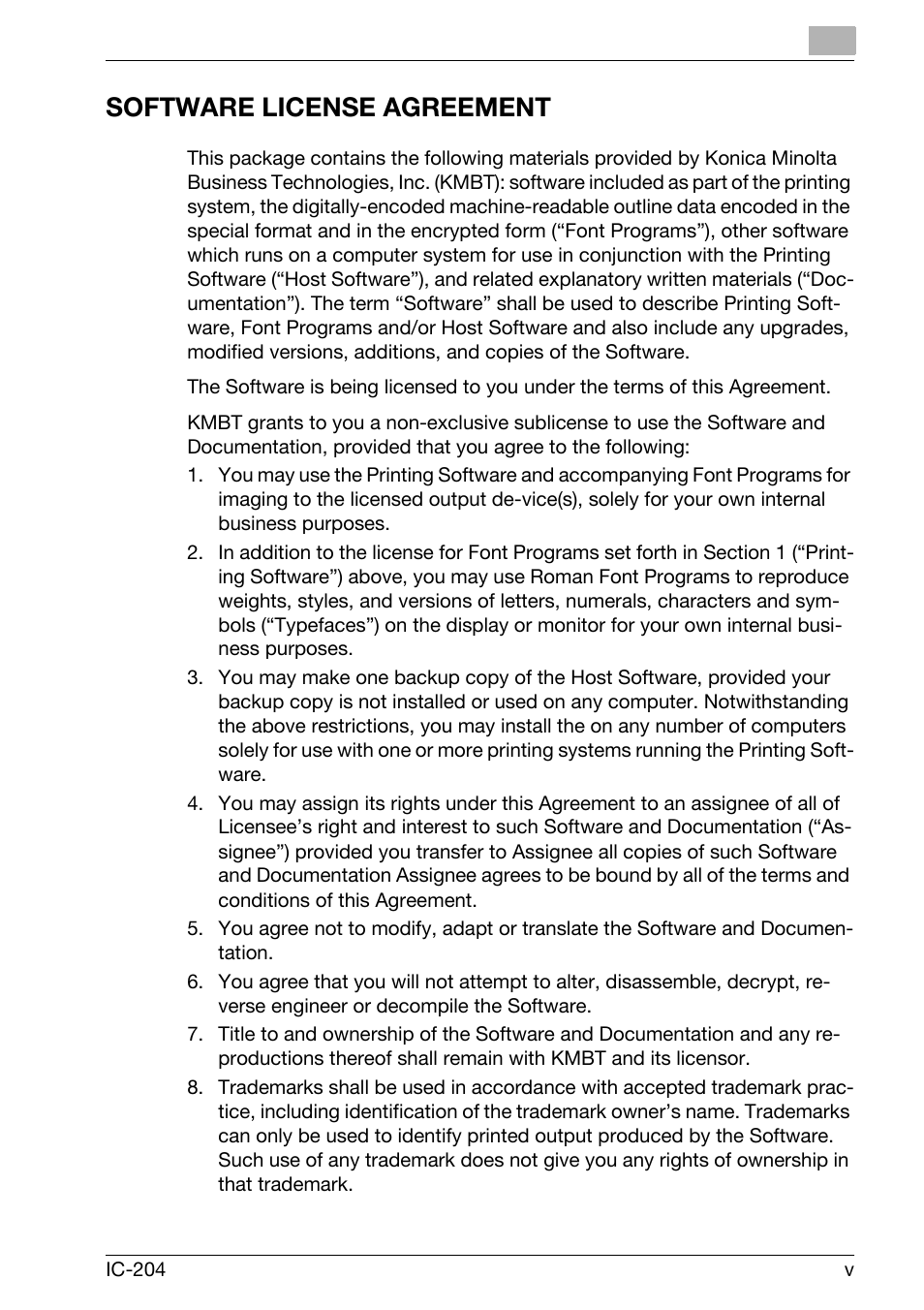 Software license agreement | Konica Minolta IC-204 User Manual | Page 6 / 130