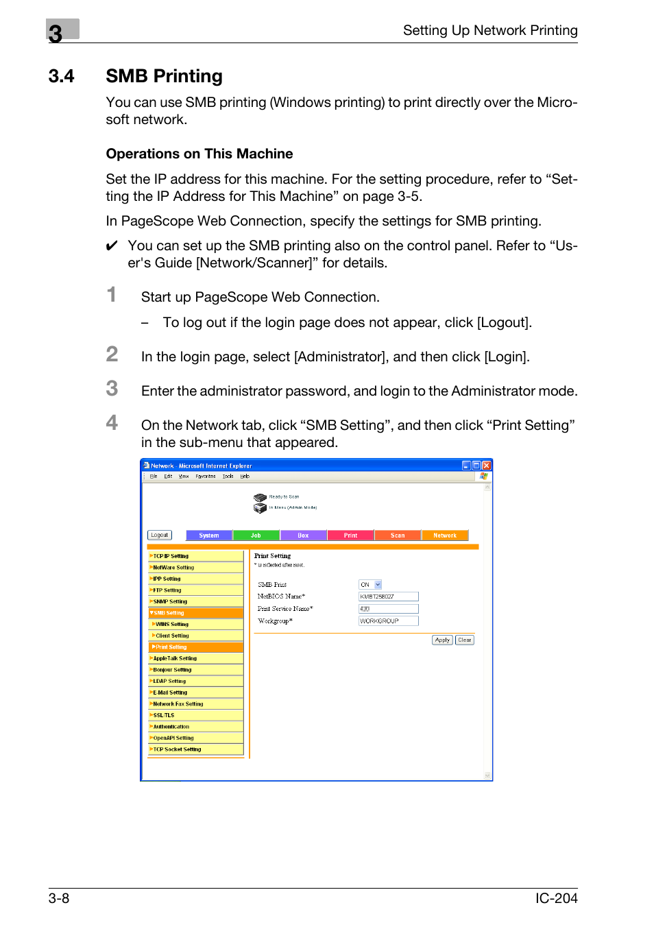 4 smb printing, Smb printing -8, Operations on this machine -8 | Konica Minolta IC-204 User Manual | Page 73 / 130