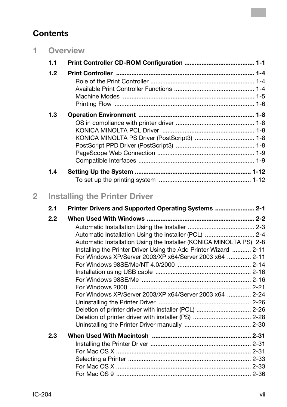 Contents 1 overview, 2installing the printer driver | Konica Minolta IC-204 User Manual | Page 8 / 130