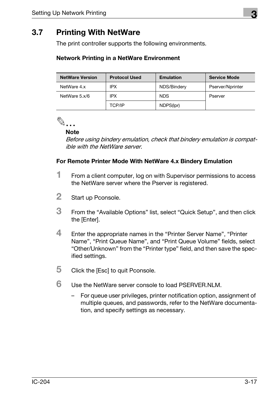 7 printing with netware, Printing with netware -17 | Konica Minolta IC-204 User Manual | Page 82 / 130