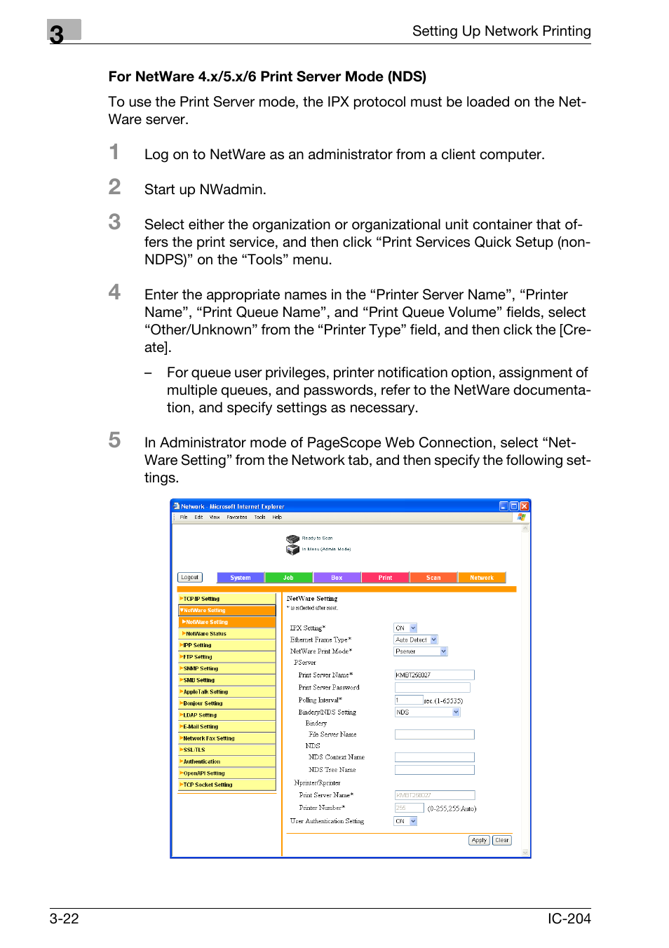 For netware 4.x/5.x/6 print server mode (nds) -22 | Konica Minolta IC-204 User Manual | Page 87 / 130