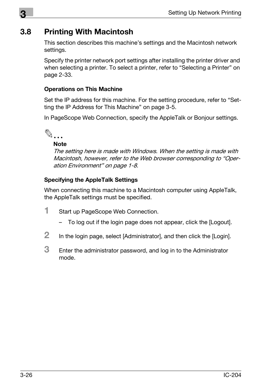 8 printing with macintosh, Printing with macintosh -26, Operations on this machine -26 | Specifying the appletalk settings -26 | Konica Minolta IC-204 User Manual | Page 91 / 130