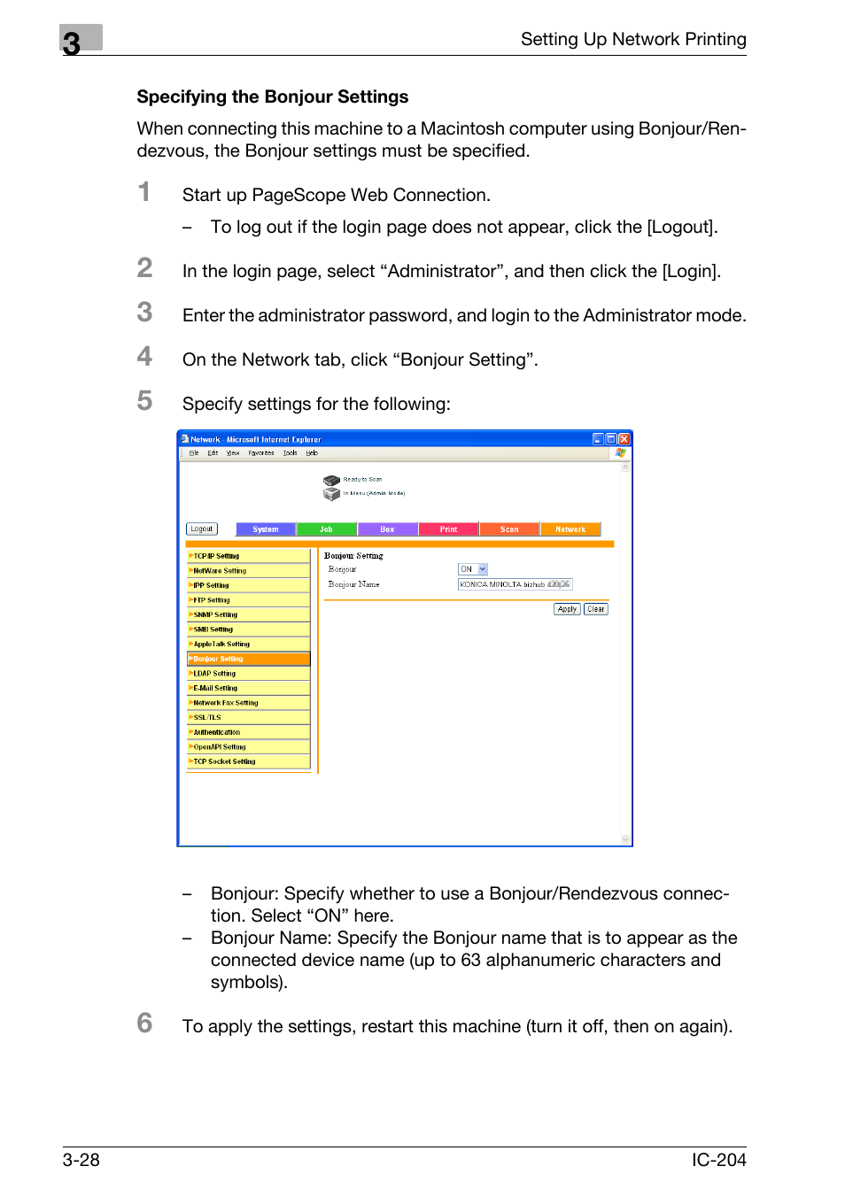 Specifying the bonjour settings -28 | Konica Minolta IC-204 User Manual | Page 93 / 130