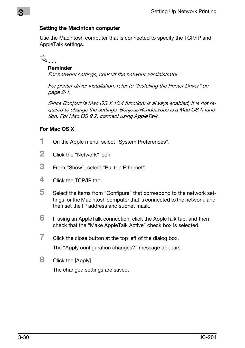 Setting the macintosh computer -30, For mac os x -30 | Konica Minolta IC-204 User Manual | Page 95 / 130