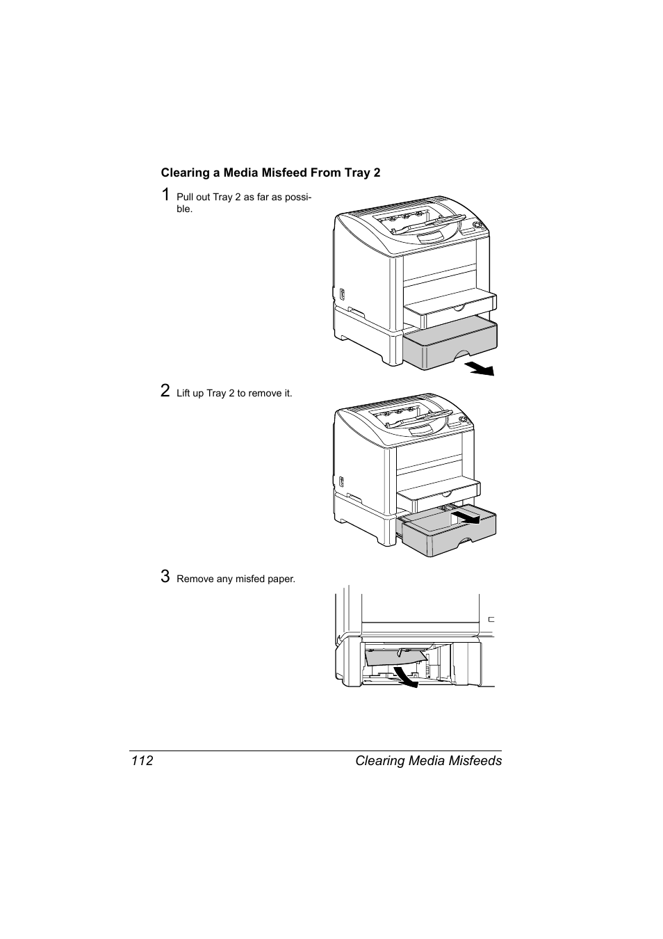 Clearing a media misfeed from tray 2, Clearing a media misfeed from tray 2 112 | Konica Minolta bizhub C10P User Manual | Page 124 / 168