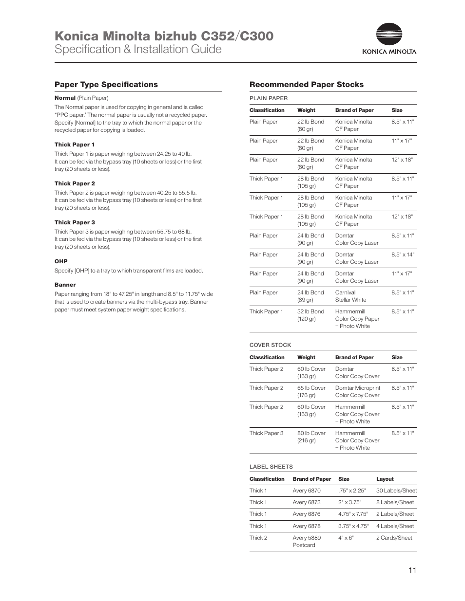 Paper type specifications, Recommended paper stocks, Specification & installation guide | Konica Minolta bizhub C352 User Manual | Page 11 / 16
