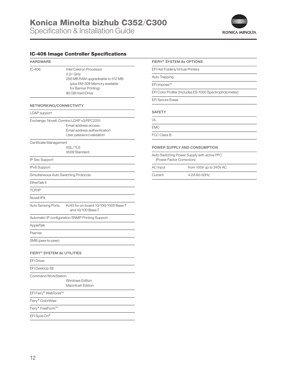 Ic-406 image controller specifications, Specification & installation guide | Konica Minolta bizhub C352 User Manual | Page 12 / 16