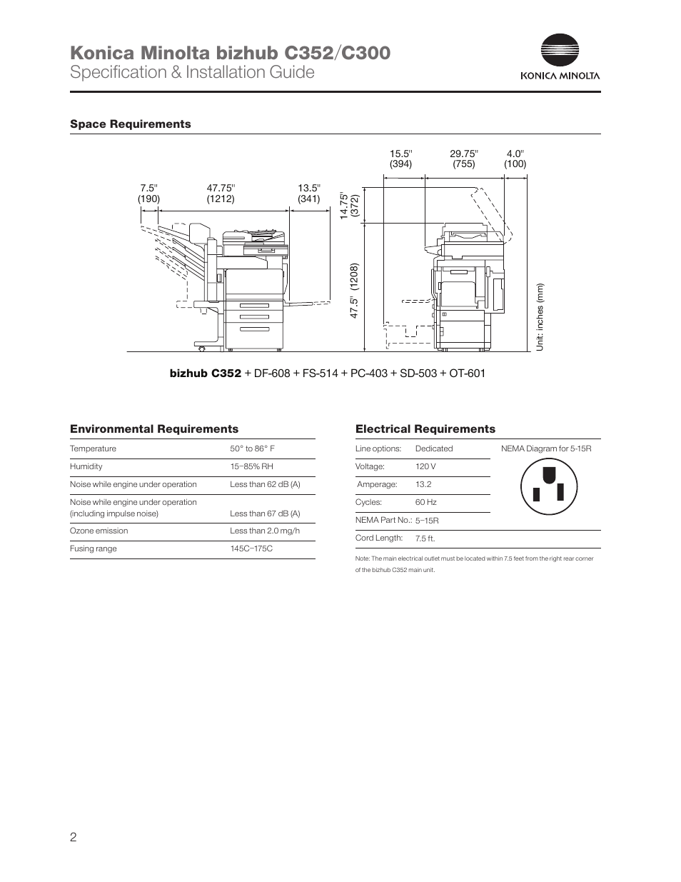 Space requirements, Environmental requirements, Electrical requirements | Specification & installation guide | Konica Minolta bizhub C352 User Manual | Page 2 / 16