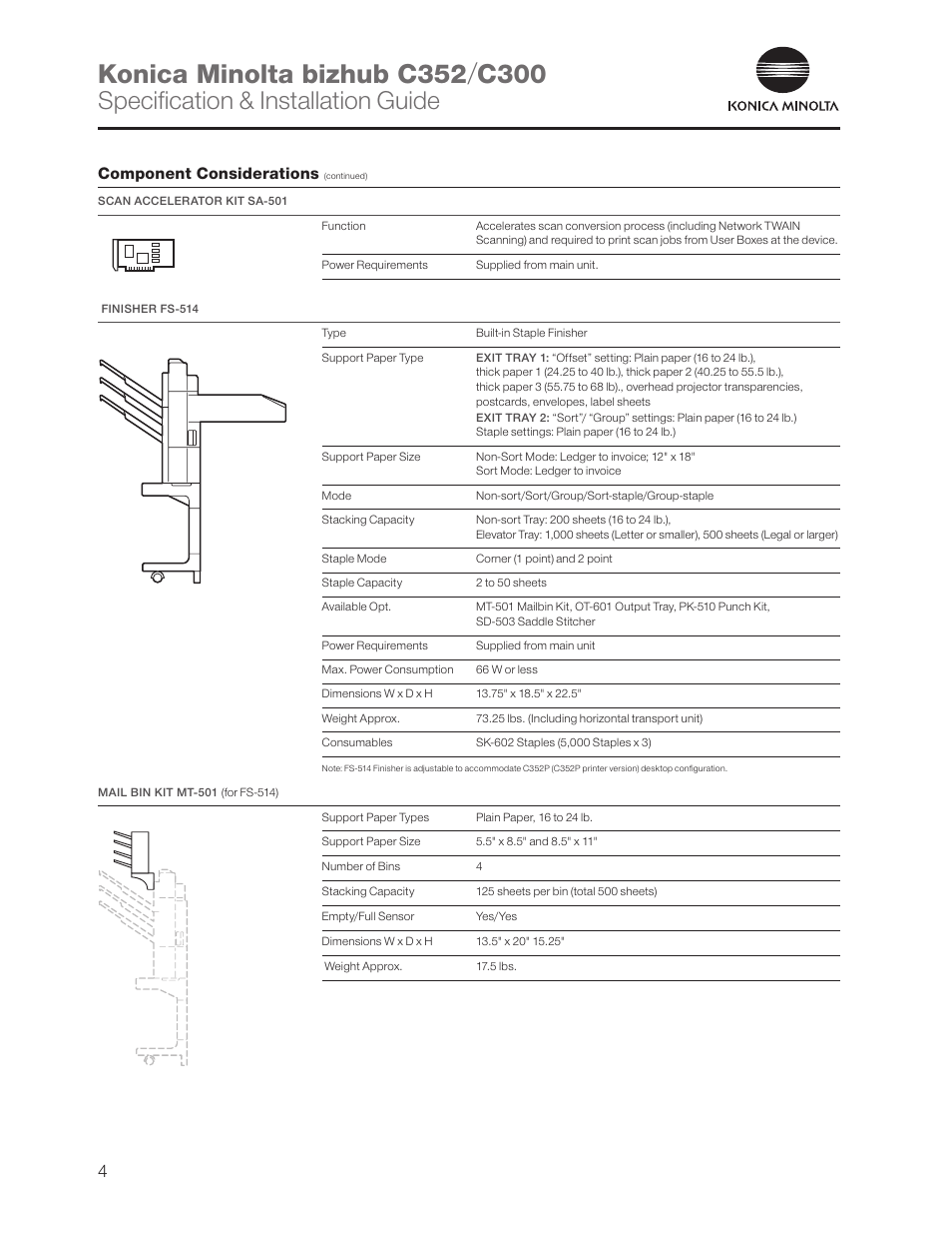 Specification & installation guide, Component considerations | Konica Minolta bizhub C352 User Manual | Page 4 / 16