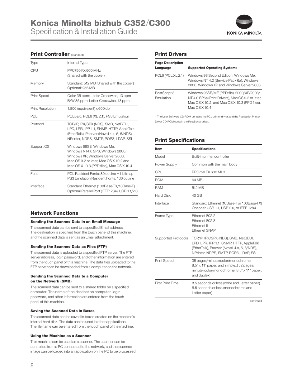 Print controller (standard), Network functions, Print drivers | Print specifications, Specification & installation guide, Print controller | Konica Minolta bizhub C352 User Manual | Page 8 / 16