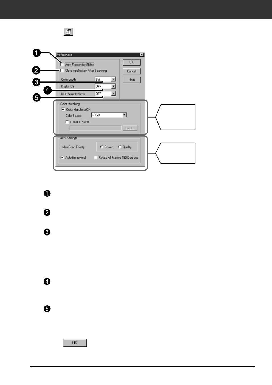 Setting the preferences, The preference dialog box — name of parts | Konica Minolta Dimage Scan Elite F-2900 User Manual | Page 23 / 85