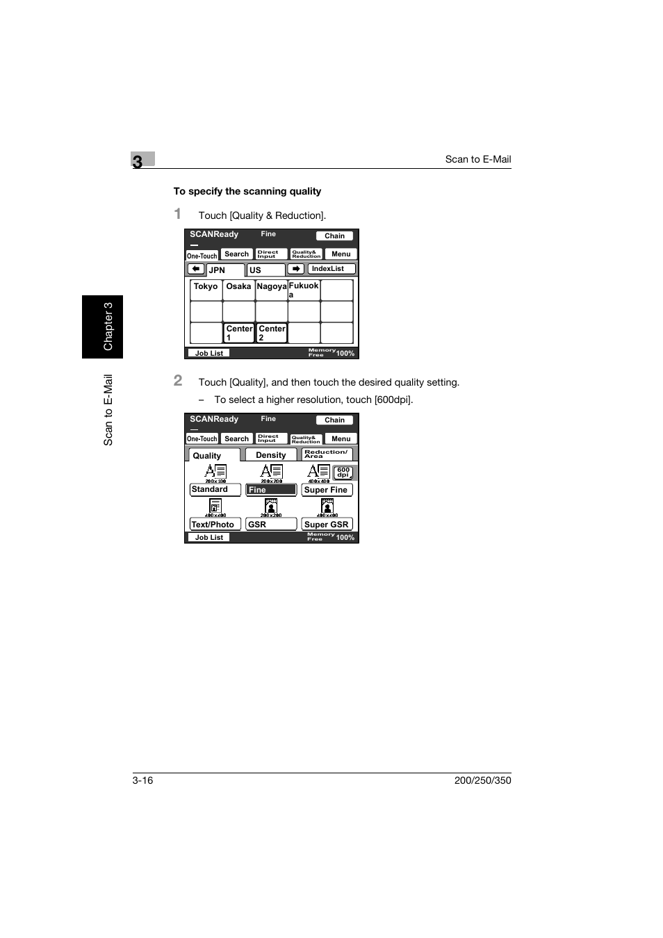 To specify the scanning quality, To specify the scanning quality -16, Sc an to e -mai l chap ter 3 | Konica Minolta BP-200 User Manual | Page 109 / 468