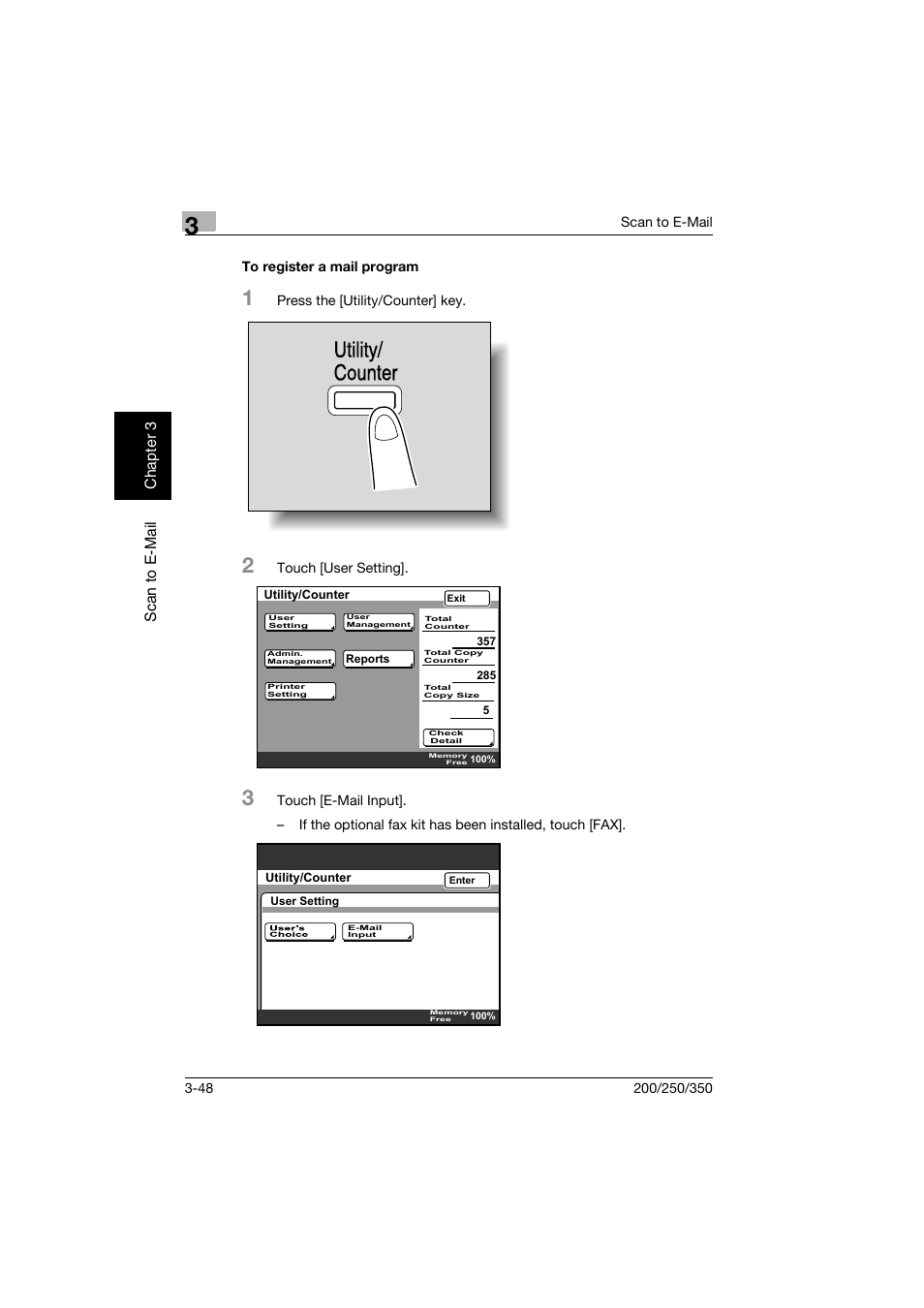 To register a mail program, To register a mail program -48, Utility/ counter | Sc an to e -mai l chap ter 3 | Konica Minolta BP-200 User Manual | Page 141 / 468