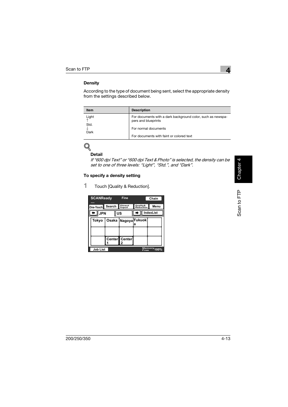 Density, To specify a density setting, Density -13 to specify a density setting -13 | Konica Minolta BP-200 User Manual | Page 160 / 468