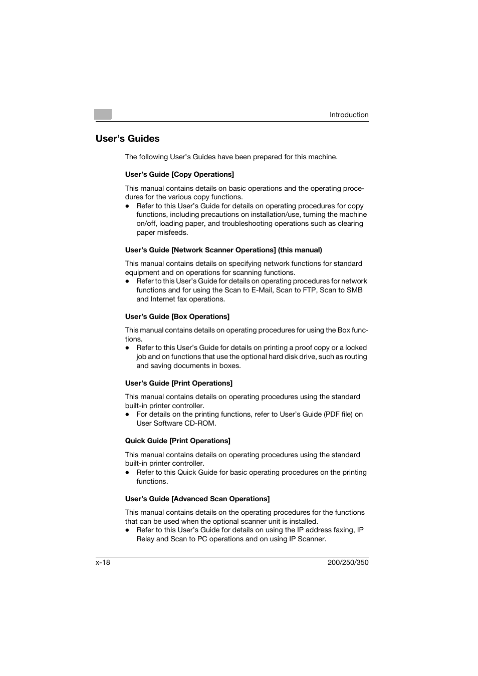 User’s guides, User’s guide [copy operations, User’s guide [box operations | User’s guide [print operations, Quick guide [print operations, User’s guide [advanced scan operations | Konica Minolta BP-200 User Manual | Page 19 / 468