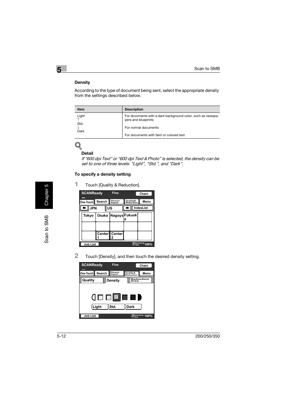 Density, To specify a density setting, Density -12 to specify a density setting -12 | Konica Minolta BP-200 User Manual | Page 197 / 468