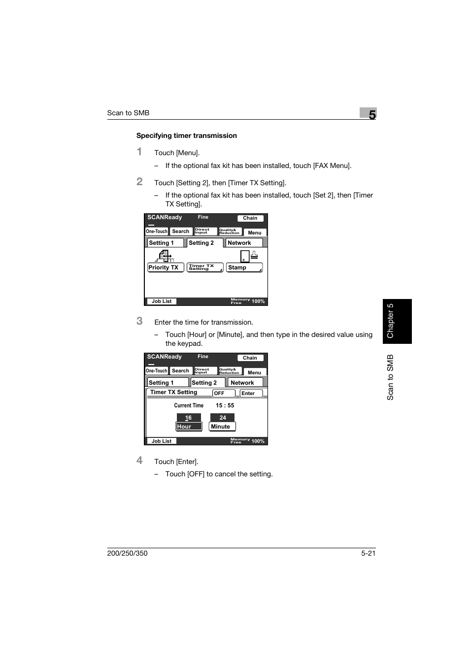 Specifying timer transmission, Specifying timer transmission -21 | Konica Minolta BP-200 User Manual | Page 206 / 468