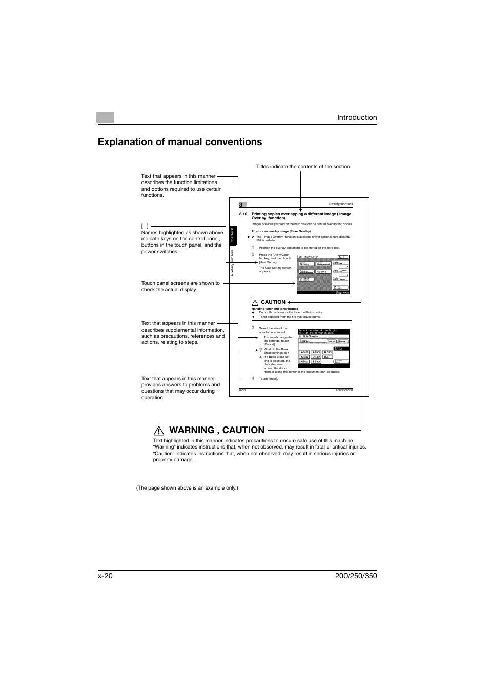 Explanation of manual conventions, Warning , caution | Konica Minolta BP-200 User Manual | Page 21 / 468