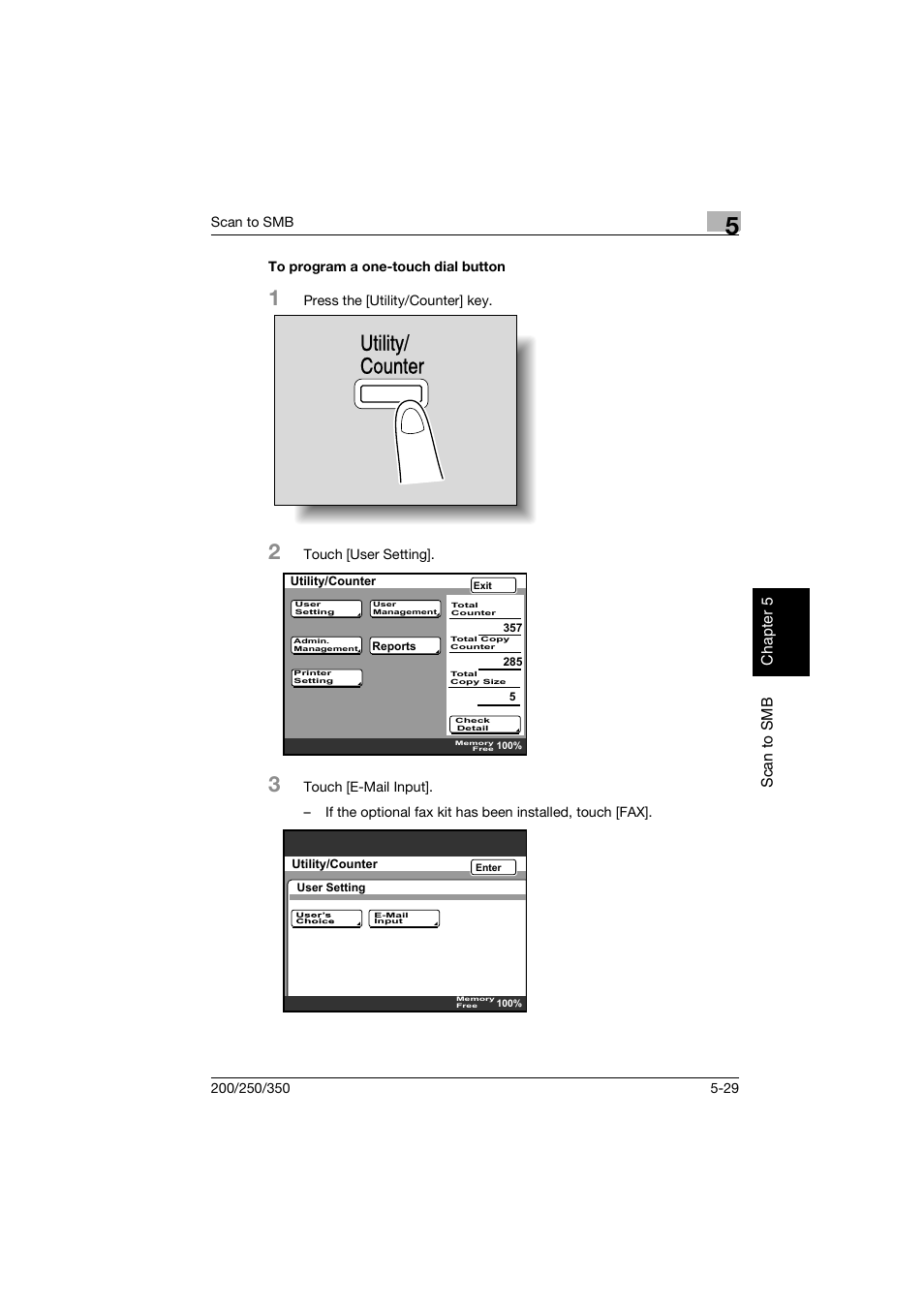 To program a one-touch dial button, To program a one-touch dial button -29, Utility/ counter | Konica Minolta BP-200 User Manual | Page 214 / 468