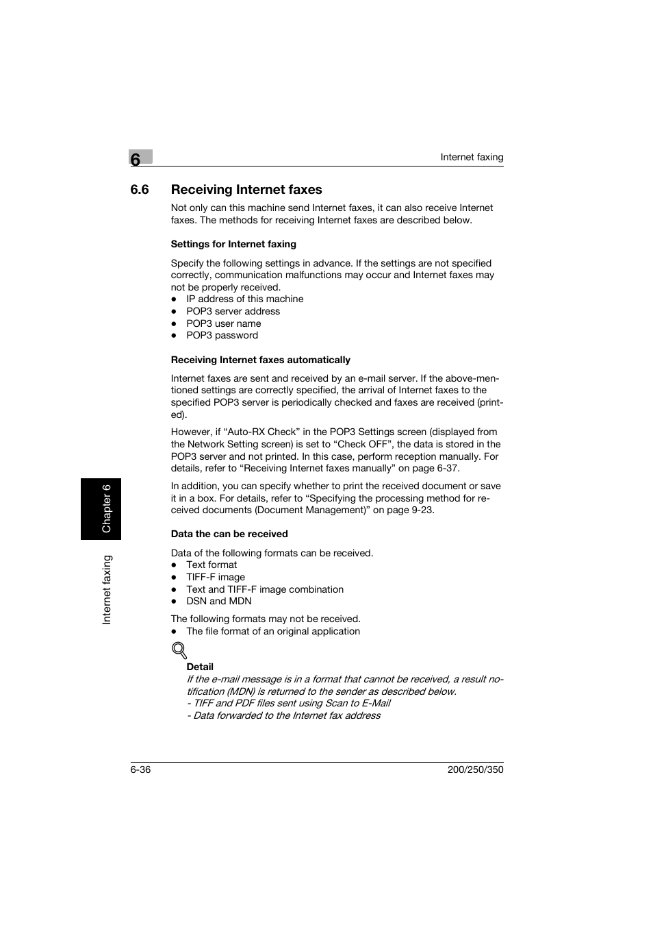 6 receiving internet faxes, Settings for internet faxing, Receiving internet faxes automatically | Data the can be received, Receiving internet faxes -36 | Konica Minolta BP-200 User Manual | Page 257 / 468