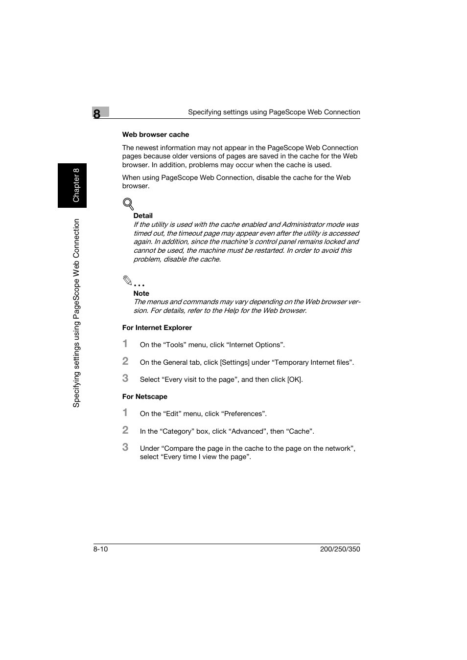 Web browser cache, For internet explorer, For netscape | Konica Minolta BP-200 User Manual | Page 289 / 468