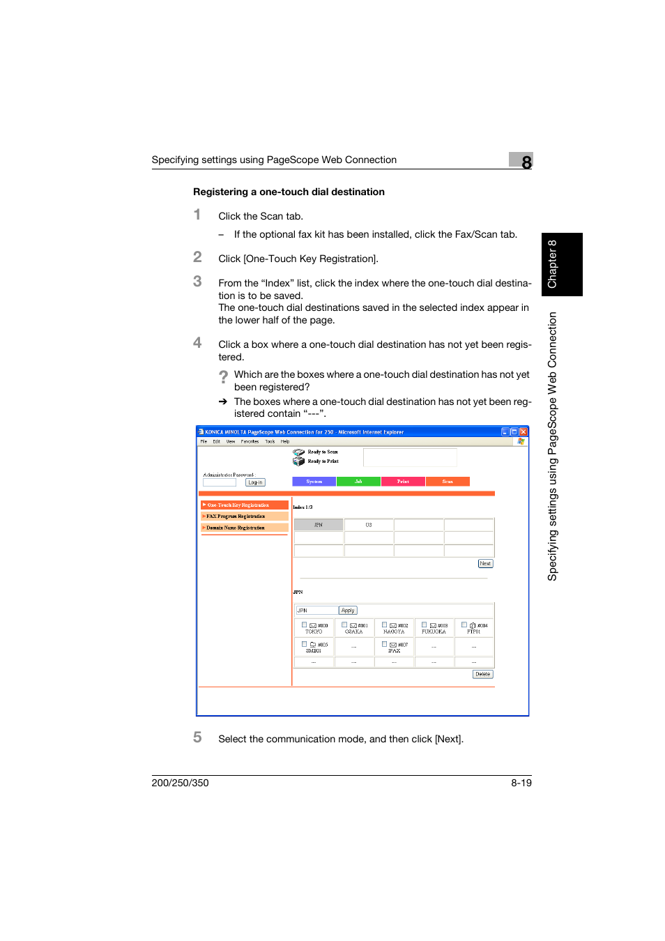Registering a one-touch dial destination, Registering a one-touch dial destination -19 | Konica Minolta BP-200 User Manual | Page 298 / 468