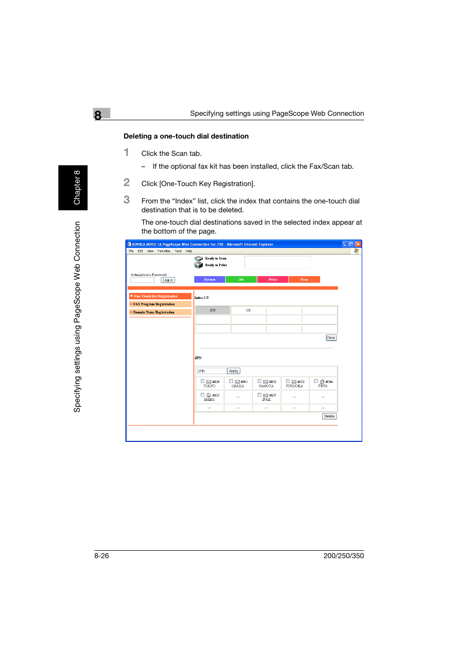 Deleting a one-touch dial destination, Deleting a one-touch dial destination -26 | Konica Minolta BP-200 User Manual | Page 305 / 468