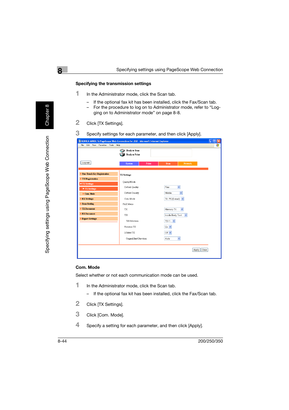 Specifying the transmission settings, Com. mode | Konica Minolta BP-200 User Manual | Page 323 / 468
