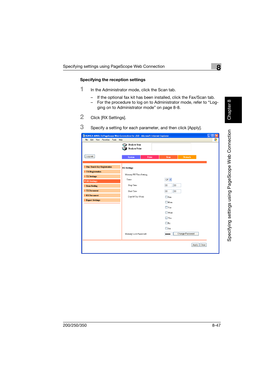Specifying the reception settings, Specifying the reception settings -47 | Konica Minolta BP-200 User Manual | Page 326 / 468