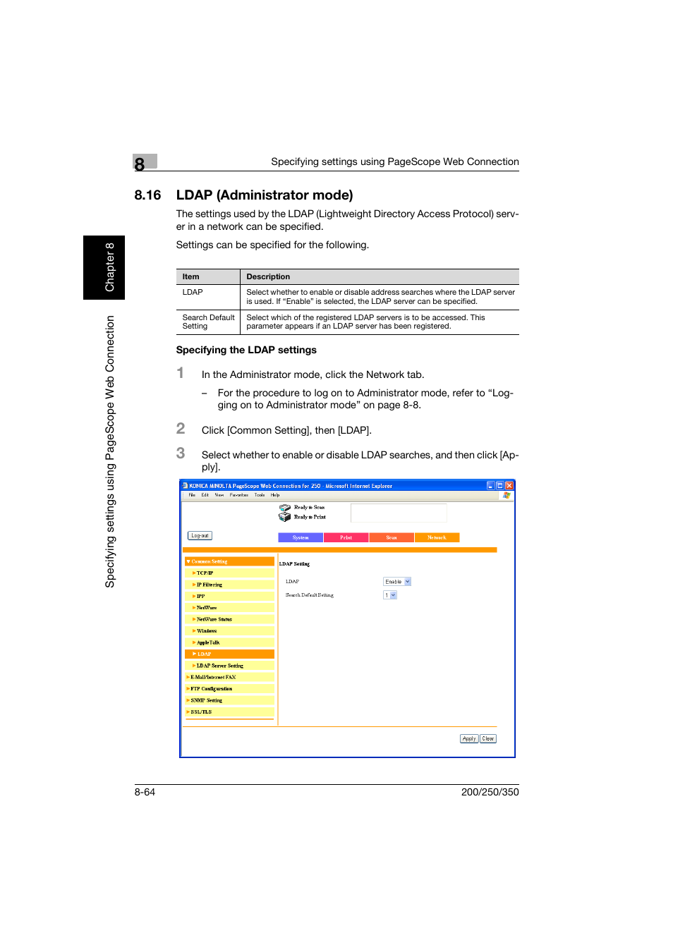 16 ldap (administrator mode), Specifying the ldap settings, Ldap (administrator mode) -64 | Specifying the ldap settings -64 | Konica Minolta BP-200 User Manual | Page 343 / 468