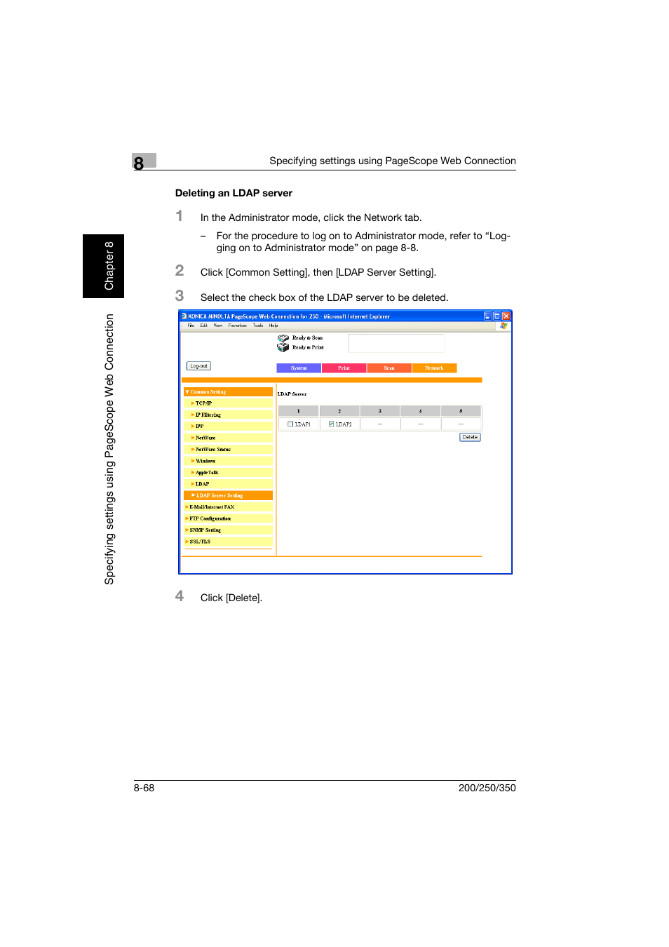 Deleting an ldap server, Deleting an ldap server -68 | Konica Minolta BP-200 User Manual | Page 347 / 468